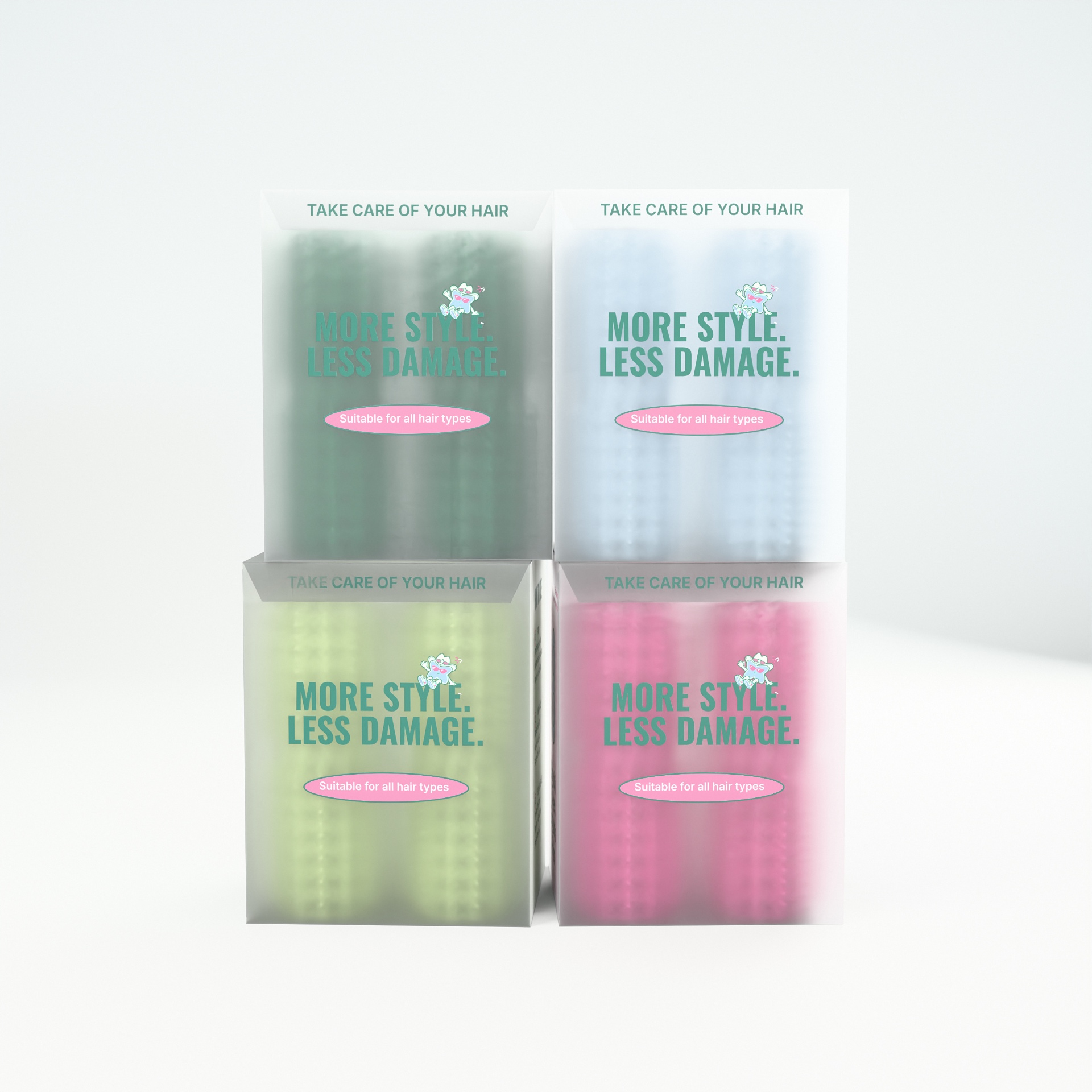 Vier Crazy Curlers Boxen in den Farben der Kollektion